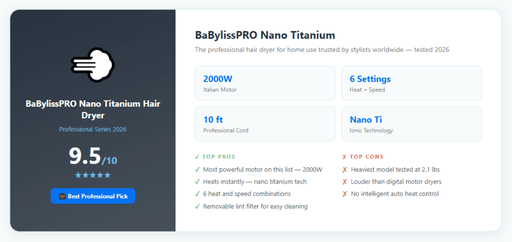 BaBylissPRO Nano Titanium professional hair dryer for home use review 2026