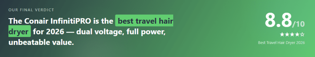 Conair InfinitiPRO best travel hair dryer verdict 2026 rating 8.8 out of 10