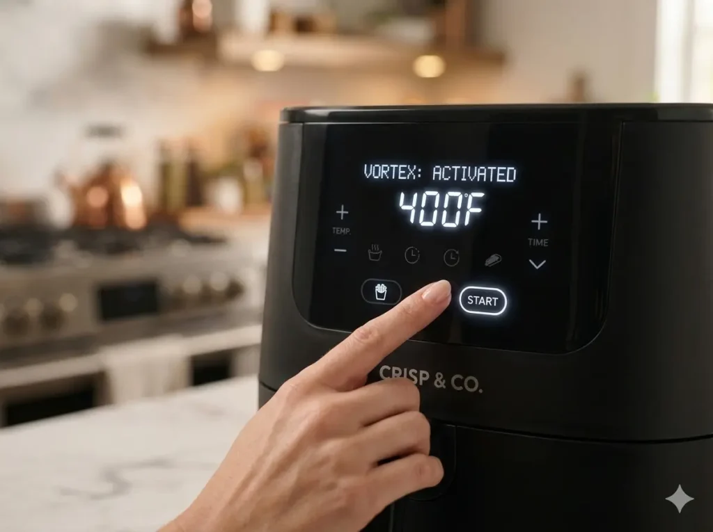 A close-up view of a clean air fryer control panel showing digital time and temperature settings.