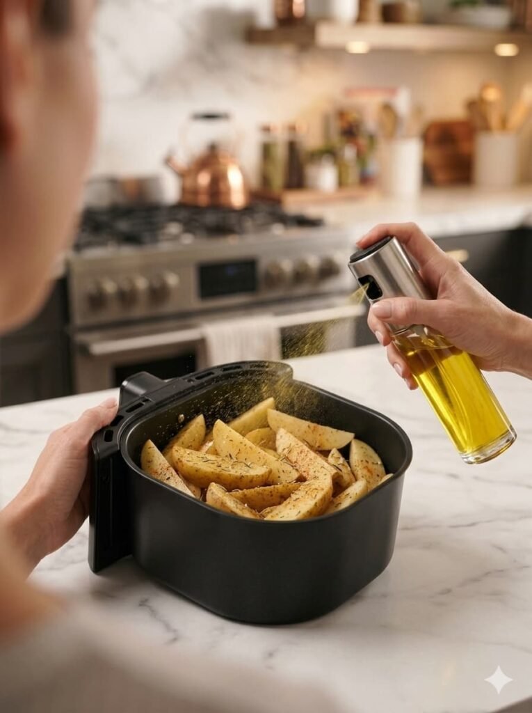 A person spraying fresh olive oil onto raw seasoned potato wedges using an oil mister bottle.