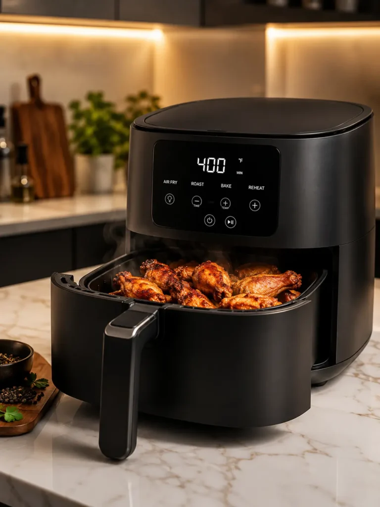 A beautiful modern kitchen counter with a sleek, premium air fryer cooking golden, crispy chicken wings.