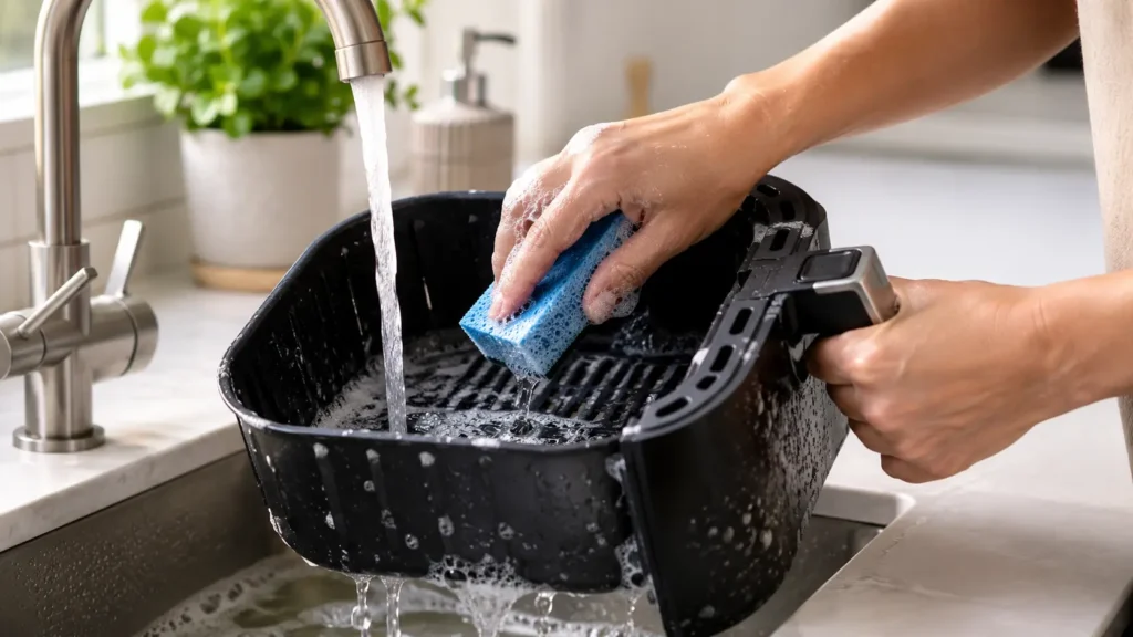 A person safely washing a removable air fryer basket with a soft sponge and soap suds.