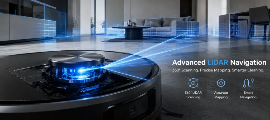 a glowing blue laser LiDAR lens housing spinning inside a matte black robotic cleaner