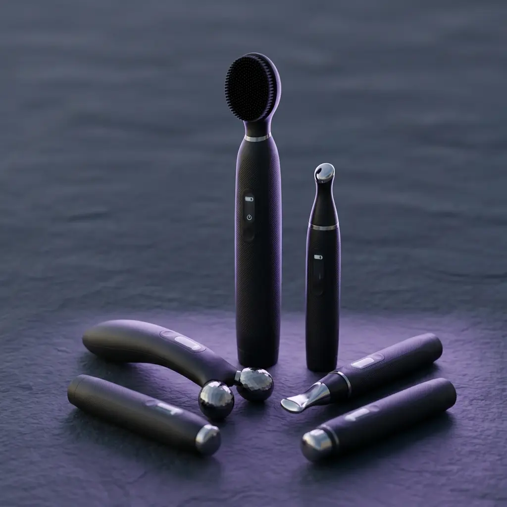Collection of at home skincare devices including LED mask and facial roller tools