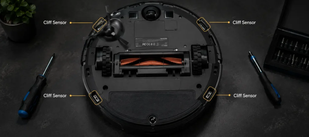 robot vacuum layout resting on a workbench