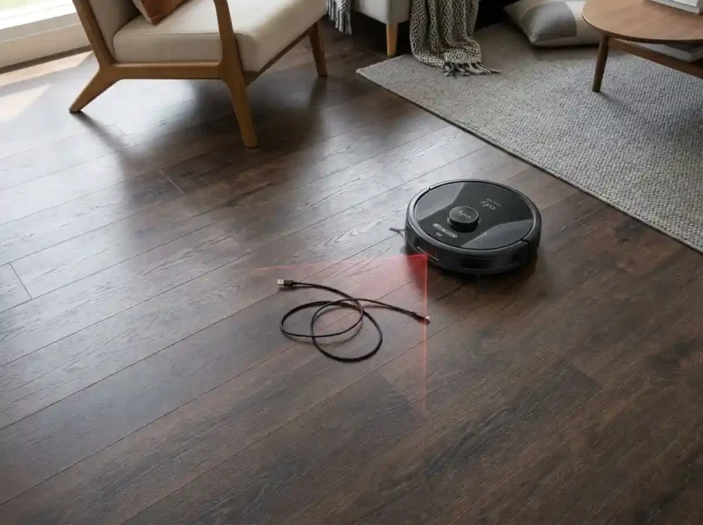 Eufy Omni C28 approaching a loose phone charging cable