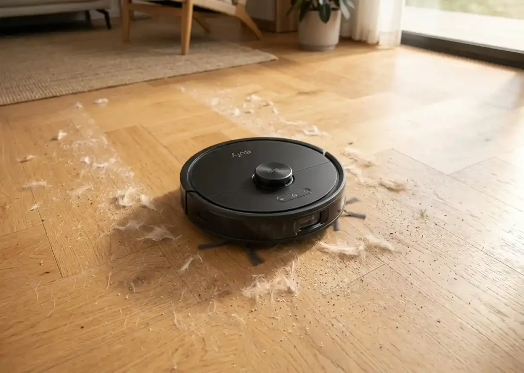 Robot Vacuum crossing scattered pet hair and fine dust