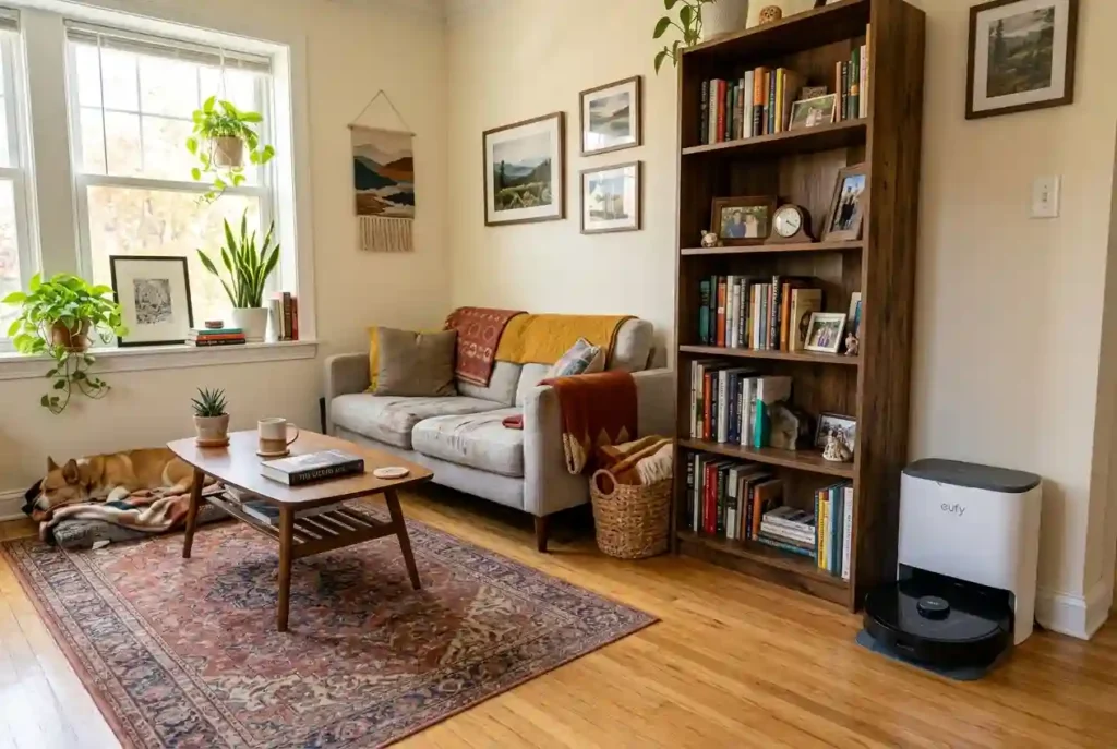 Eufy Omni C28 docked beside a bookshelf