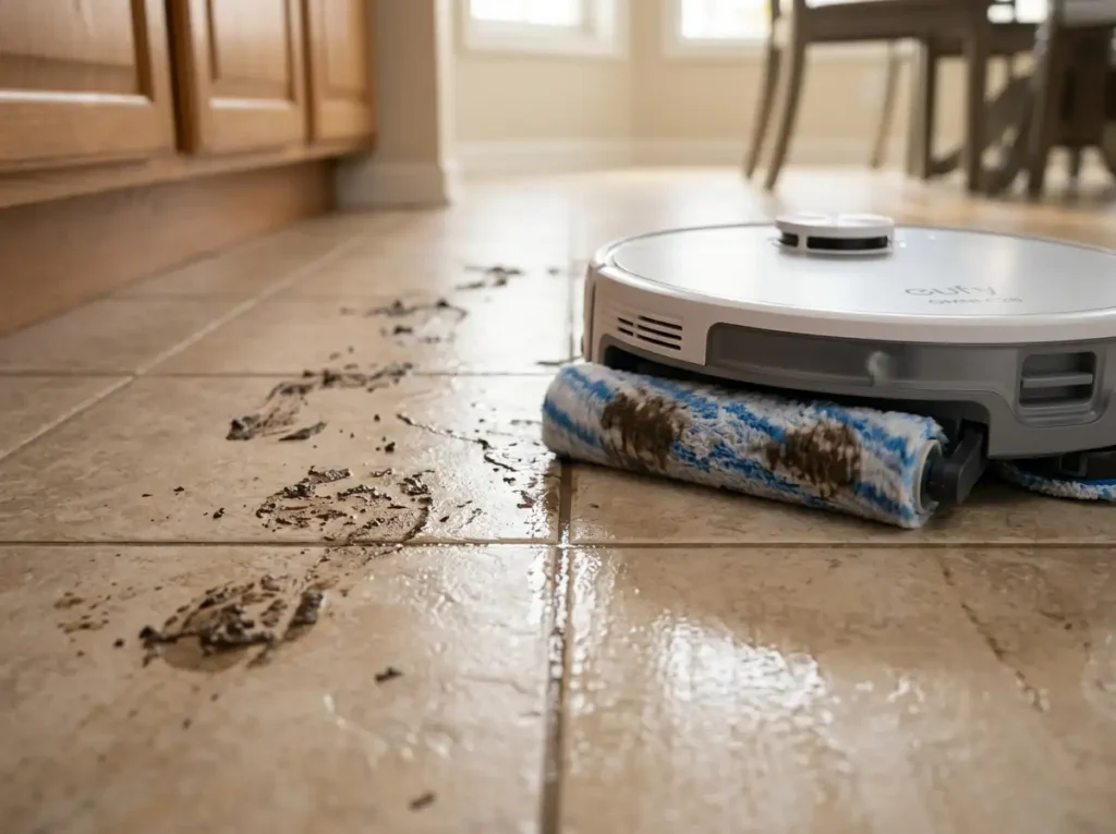 Robot Vacuum rolling mop passing over a muddy footprint