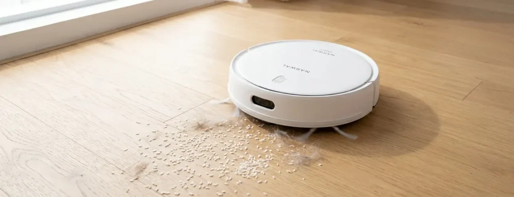 Narwal Vacuum crossing scattered rice and pet hair