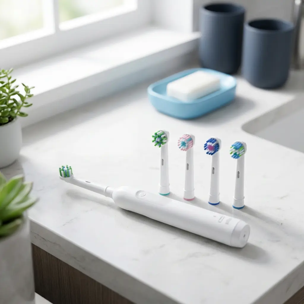 Oral-B Pro 1000 handle beside four compatible replacement brush heads
