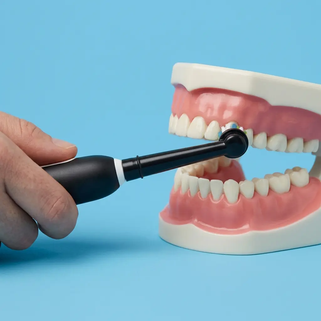 Hand holding Oral-B Pro 1000 electric toothbrush at 45 degrees to a jaw model