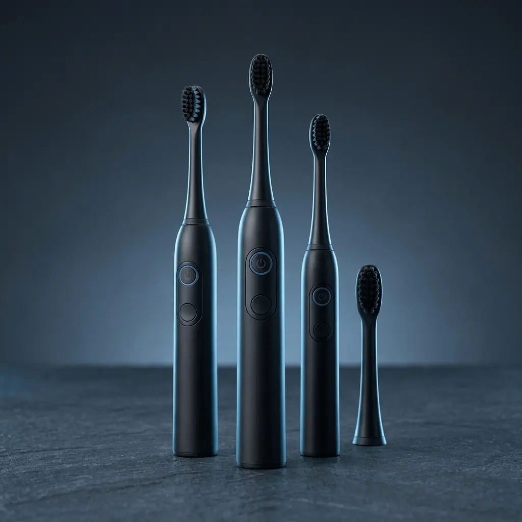 Four Oral-B Pro series electric toothbrush handles standing together