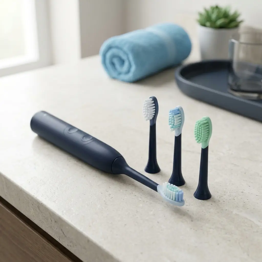 Philips Sonicare 4100 handle beside compatible replacement brush heads