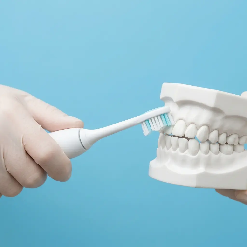 Hand holding the Philips Sonicare 4100 toothbrush against a jaw model