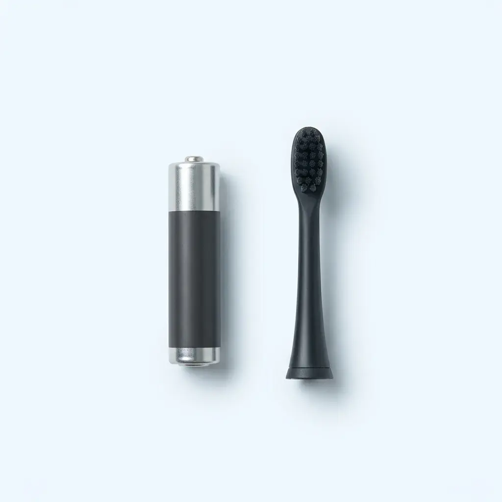 Replacement AAA battery and toothbrush head laid out together