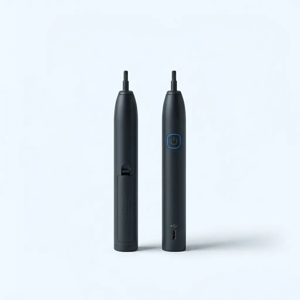 AAA battery toothbrush handle next to a USB rechargeable toothbrush handle