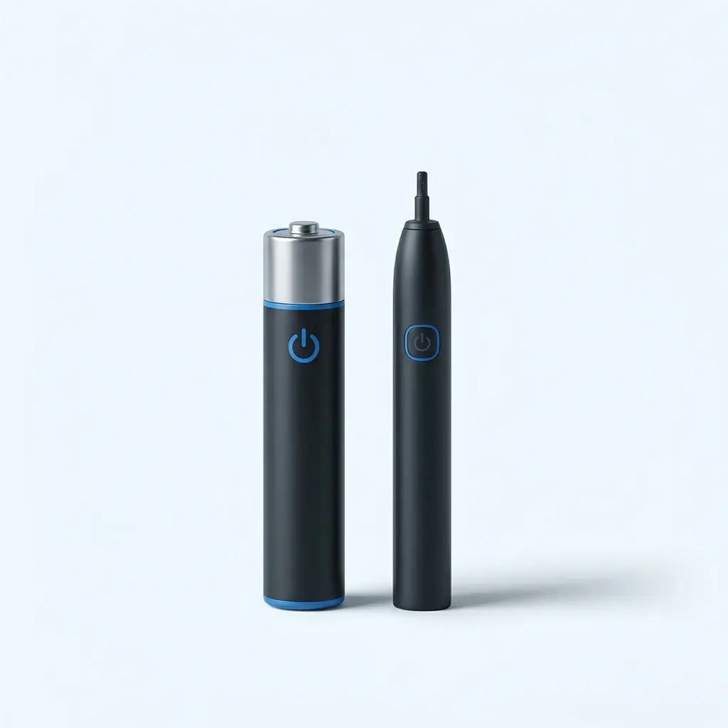 AAA battery beside a slim toothbrush handle showing battery life