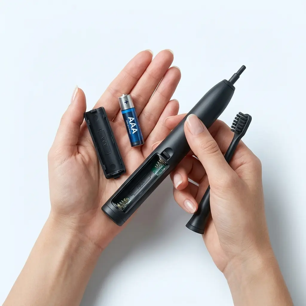 Hands replacing the AAA battery inside a toothbrush handle