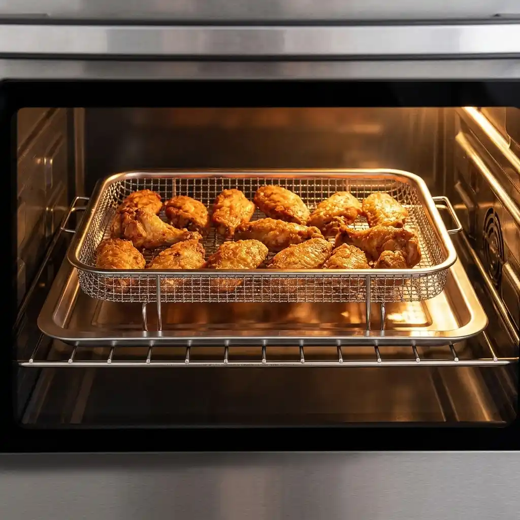 Perforated air fryer basket with chicken wings on an oven middle rack and a drip tray below