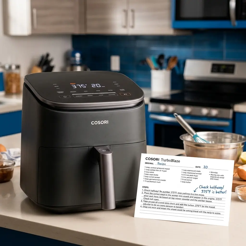 Air fryer control panel set to 375°F for 20 minutes above a recipe card