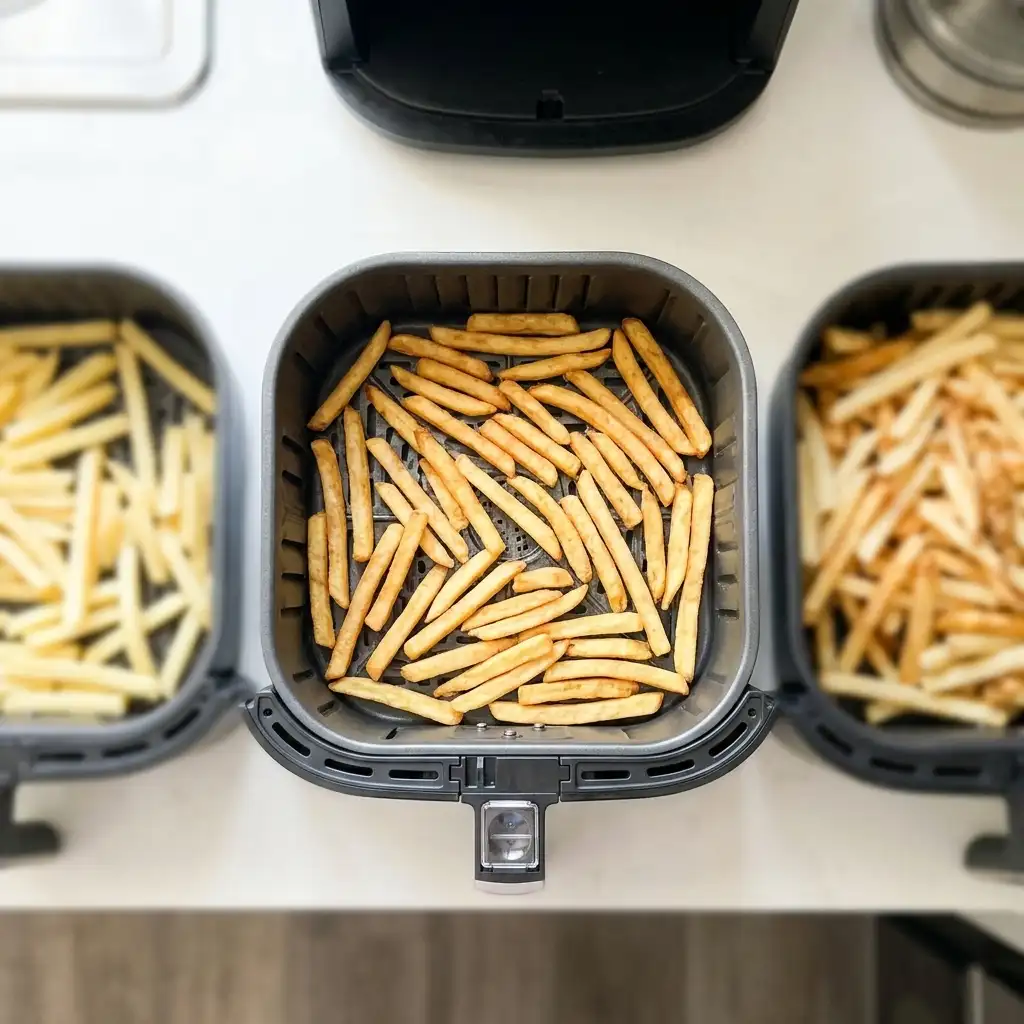 Overcrowded air fryer basket of fries beside a basket with fries in a single even layer