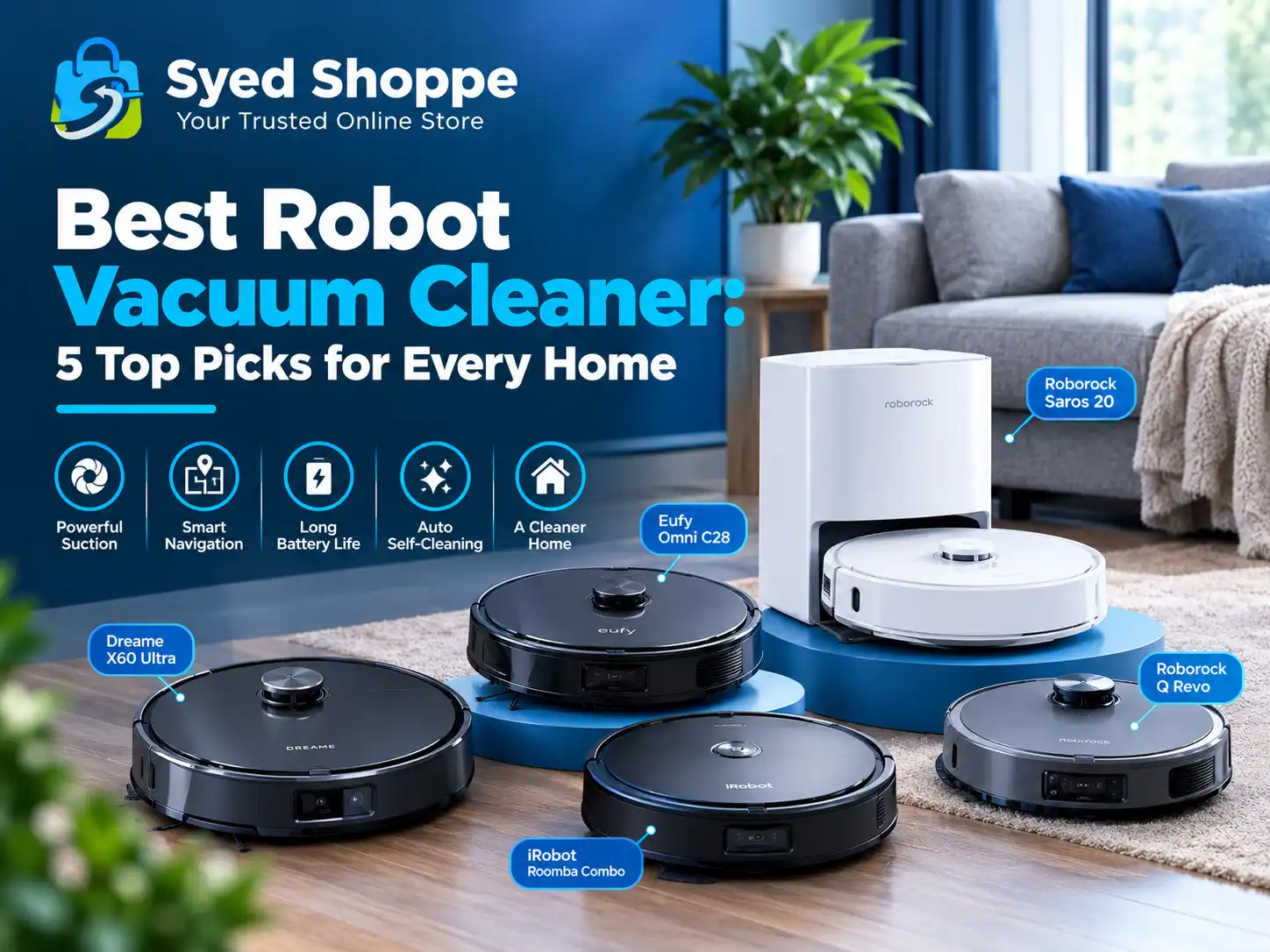 Best robot vacuum cleaner picks shown as five robot vacuum icons for different home types