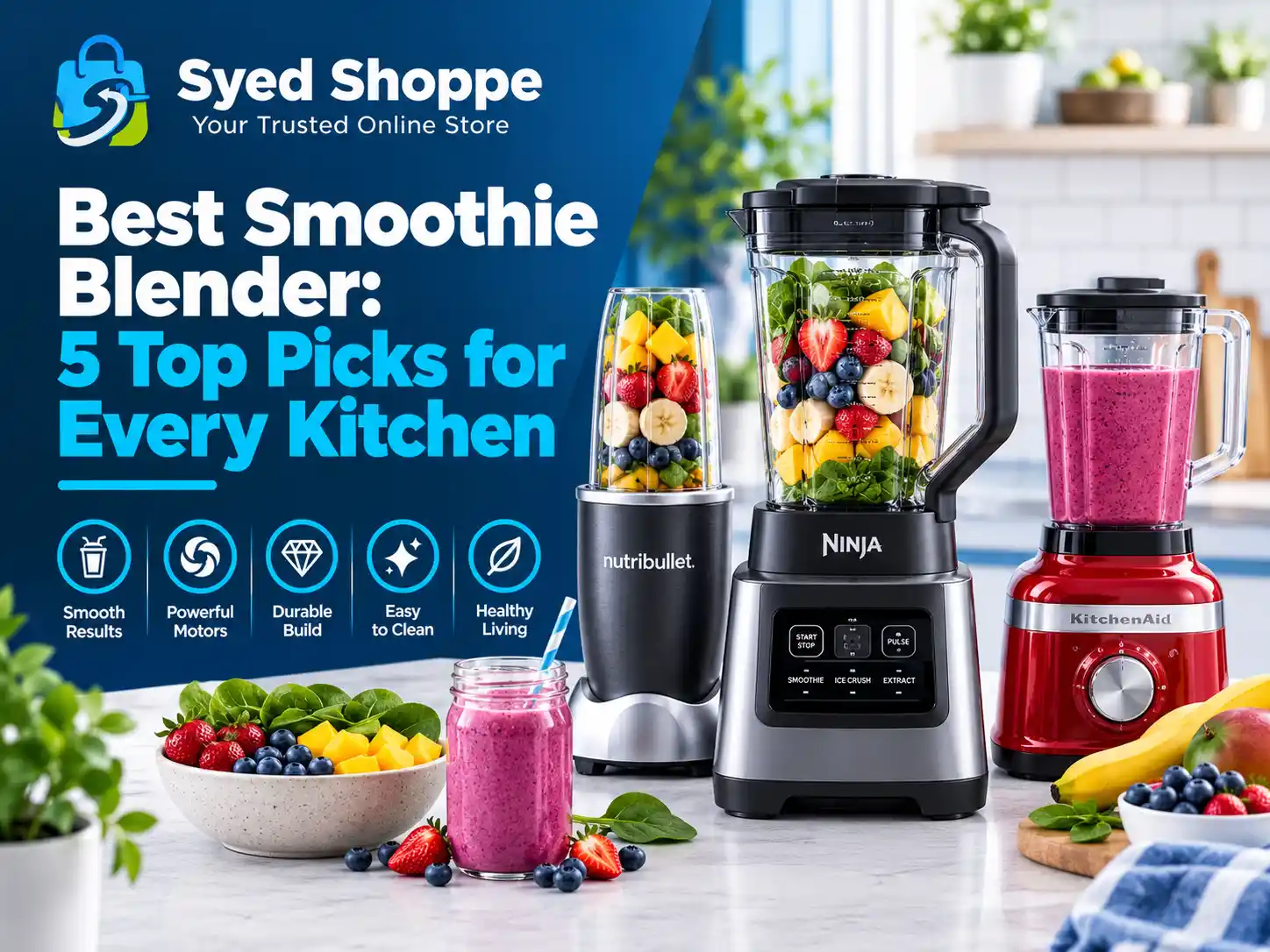Best smoothie blender picks: Vitamix, Blendtec, Ninja, and NutriBullet blenders on a kitchen counter