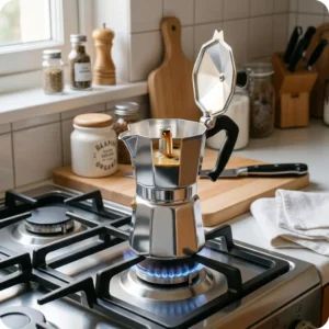 Bialetti Moka Express brewing coffee on a gas stovetop