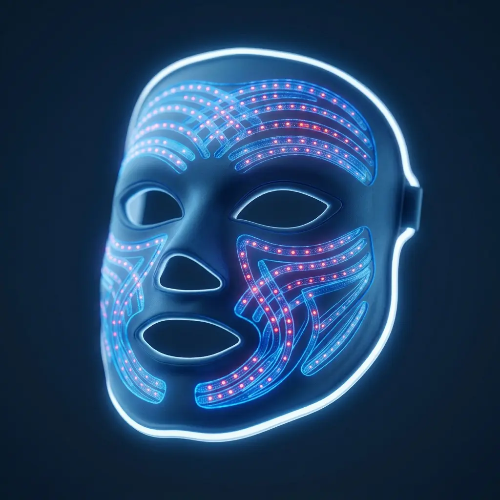 Blue light LED face mask benefits for acne shown with a glowing blue mask