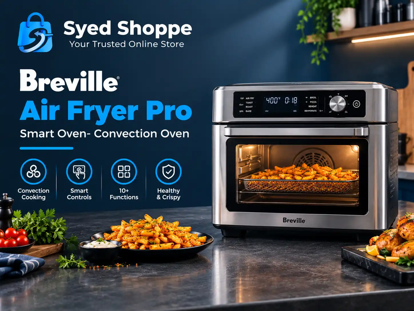 Breville air fryer pro review featured image showing a stainless steel countertop oven with an air fry basket