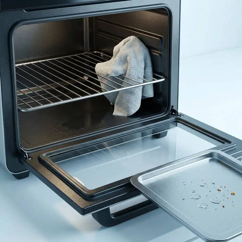 Breville air fryer review cleaning image of a damp cloth wiping a countertop oven interior