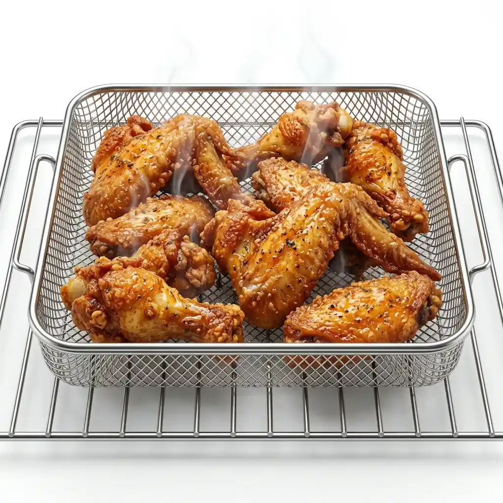 Breville air fryer review results image showing crispy chicken wings in a mesh air fry basket
