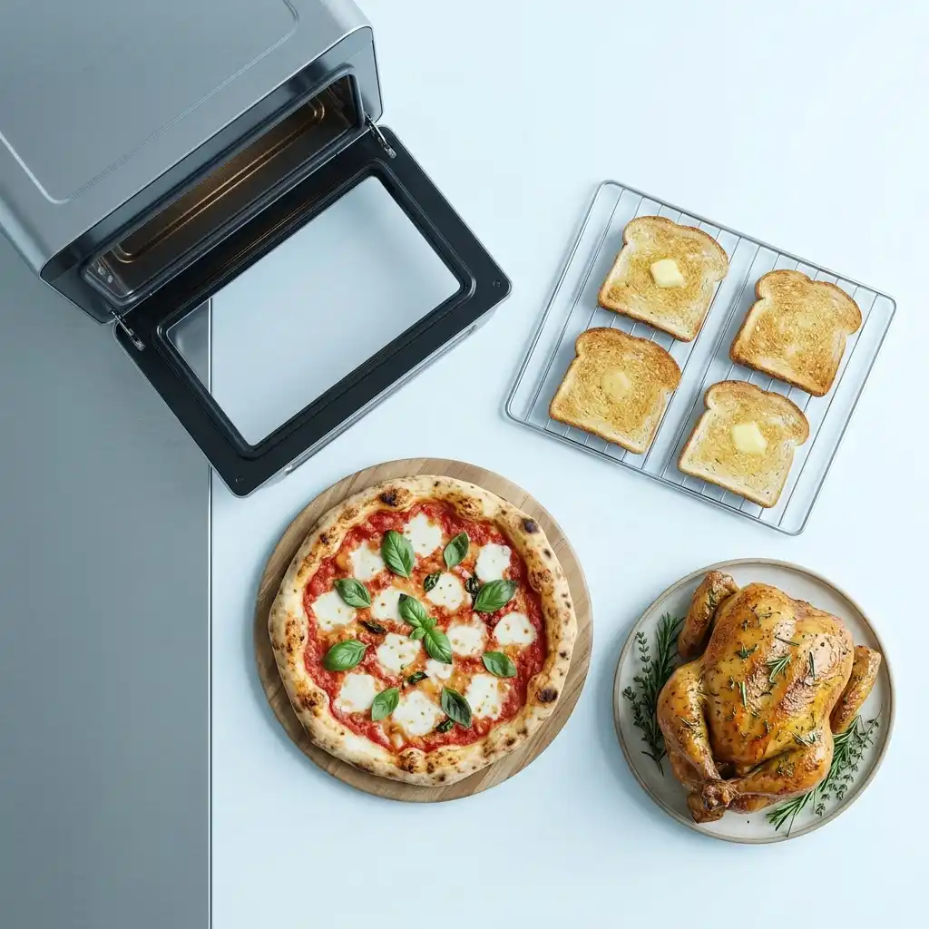 Breville air fryer review image of a pizza, toast, and roasted chicken cooked in one countertop oven