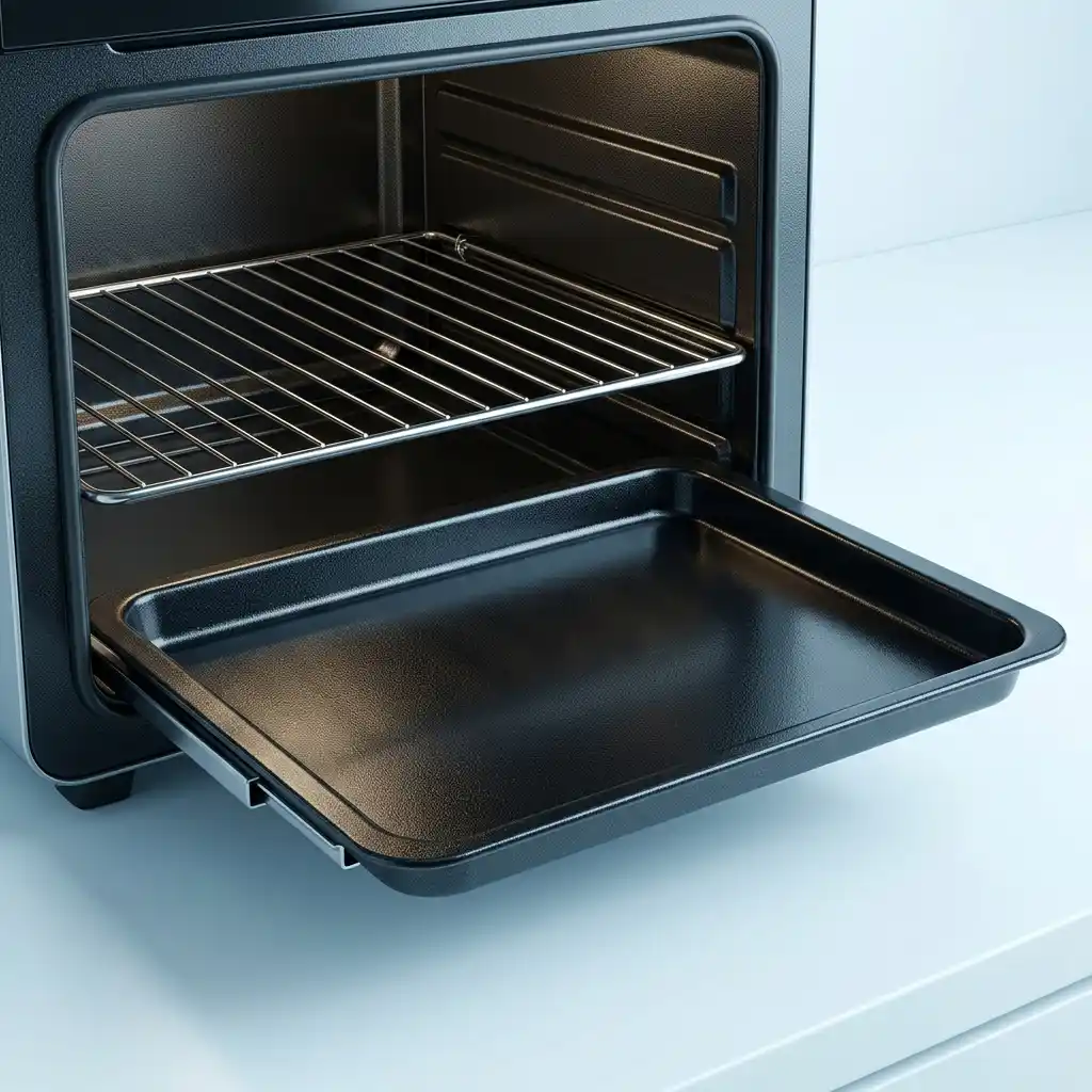 Breville air fryer review close-up of the nonstick oven interior, enamel baking pan, and wire rack