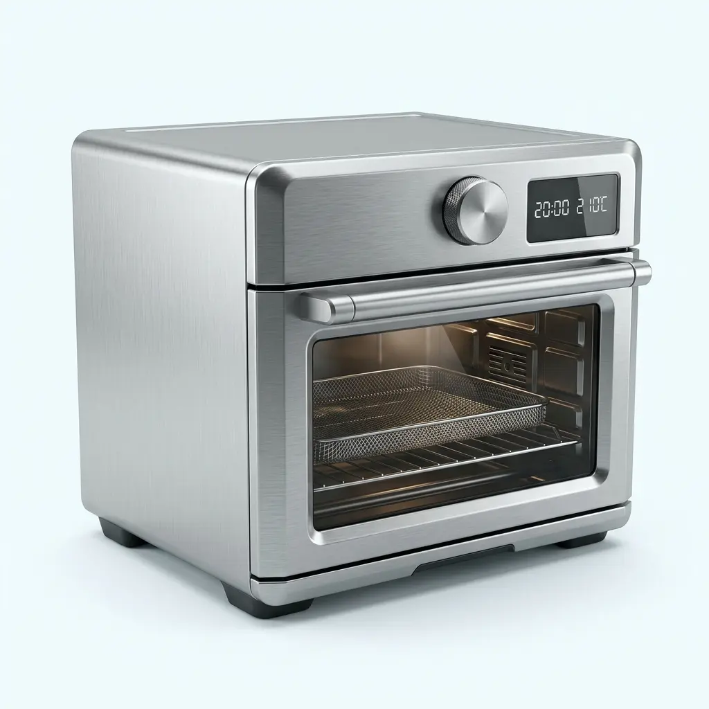 Breville air fryer review product photo of the stainless steel countertop oven with its door closed