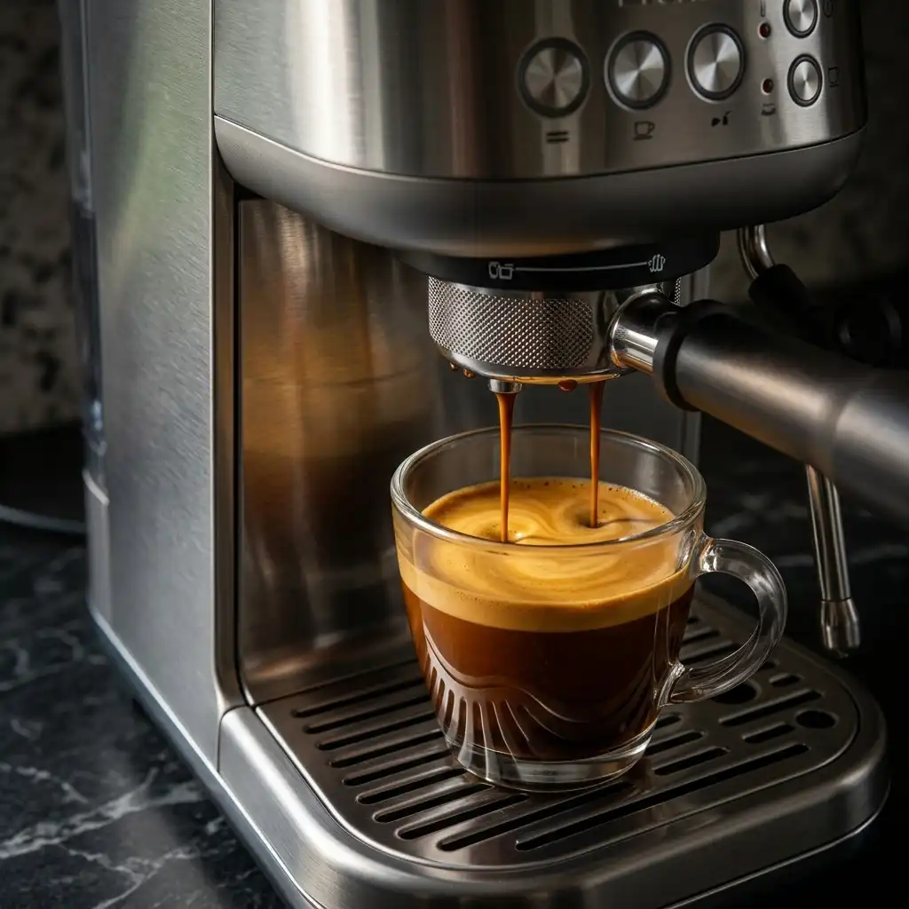 Breville Bambino pulling a double espresso shot into a glass cup