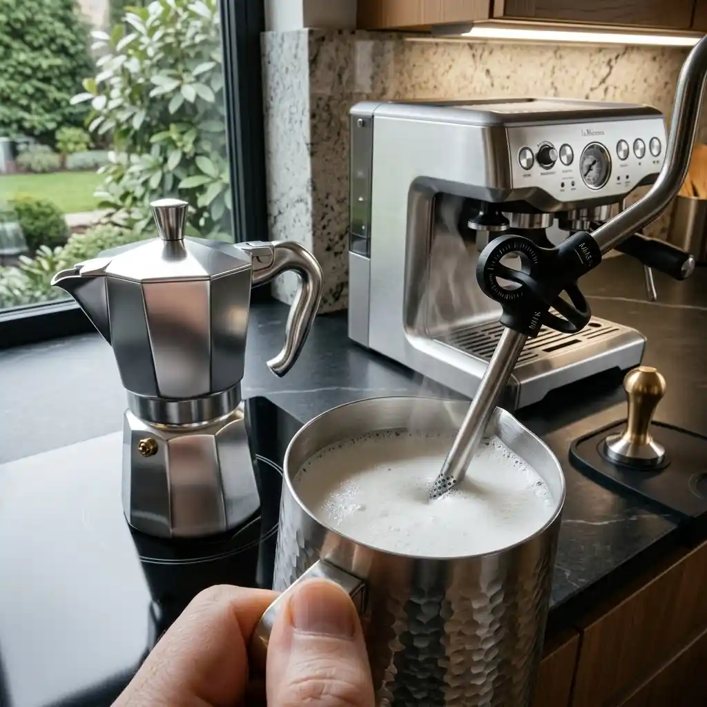 Breville Bambino steam wand frothing milk in a stainless pitcher