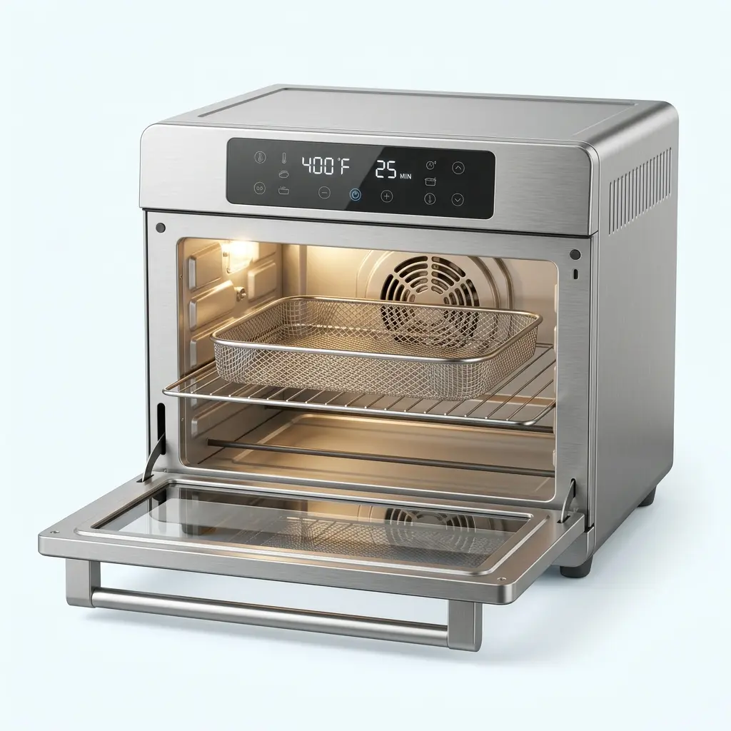 Breville Smart Oven Air Fryer Pro shown in a non toxic air fryer comparison, with a mesh basket