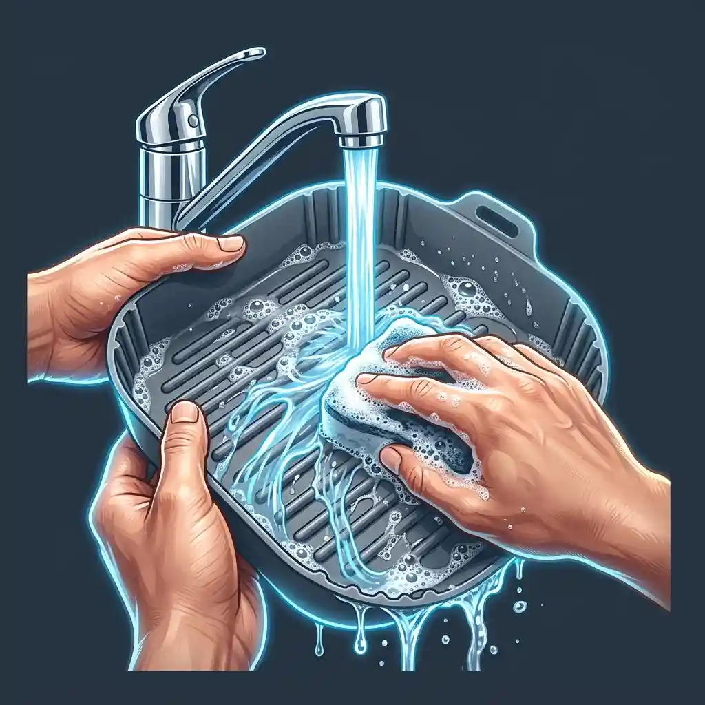 Washing silicone air fryer liners in warm soapy water at a kitchen sink