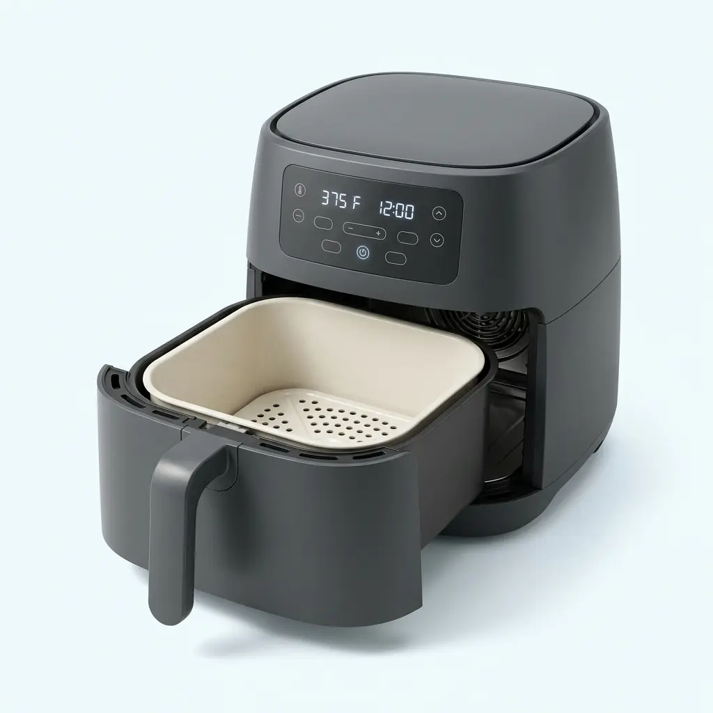 Cosori TurboBlaze 6-quart non toxic air fryer with a ceramic-coated basket pulled open