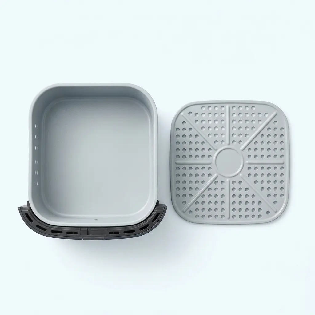 Cosori TurboBlaze review close-up of the ceramic-coated air fryer basket and crisper plate