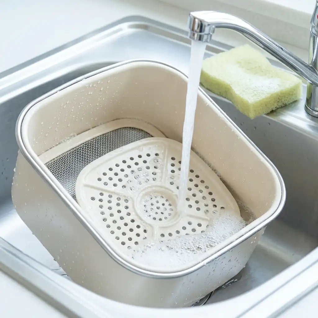 Cosori TurboBlaze review cleaning image with a basket and crisper plate being rinsed in a sink