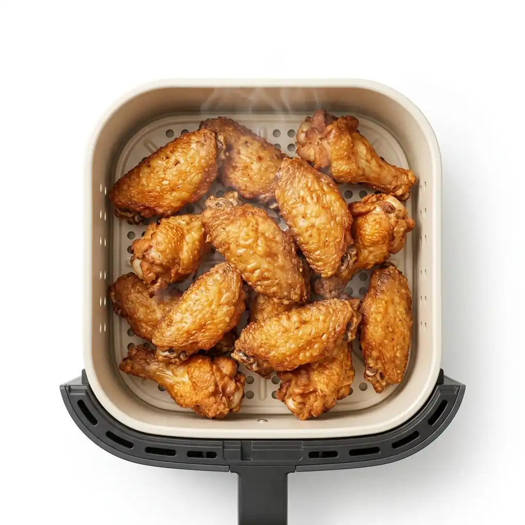 Cosori TurboBlaze review results image showing crispy chicken wings in the air fryer basket