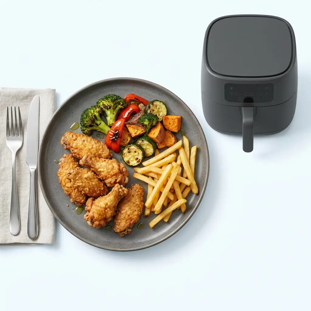 Cosori TurboBlaze review image of a family meal cooked in a six-quart air fryer