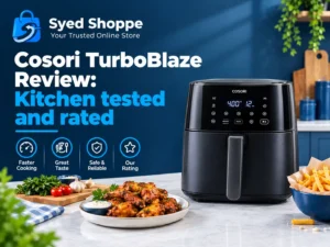 Cosori TurboBlaze review featured image showing the 6-quart air fryer with its basket open on a kitchen counter
