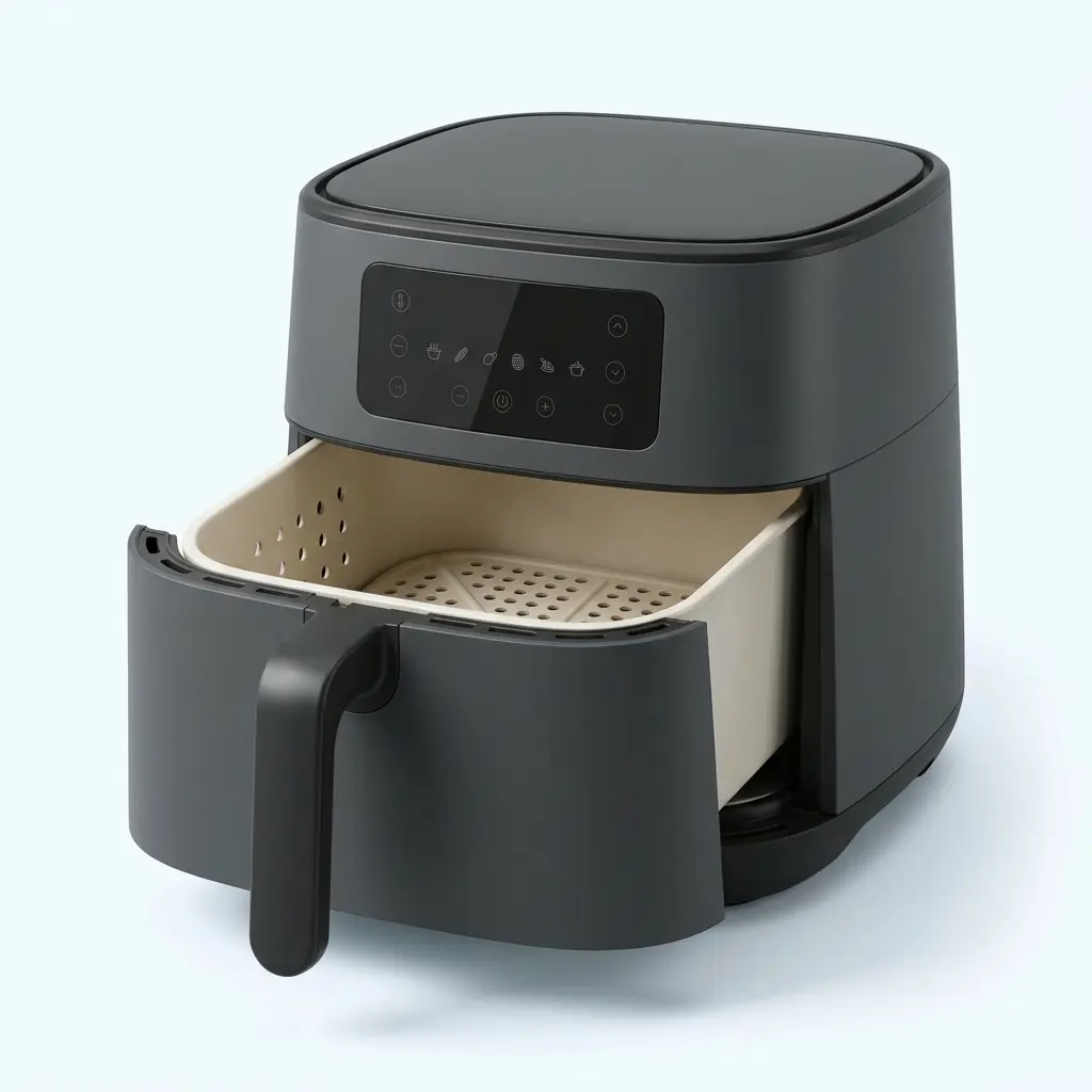Cosori TurboBlaze review product photo of the 6-quart air fryer with its square basket slightly open