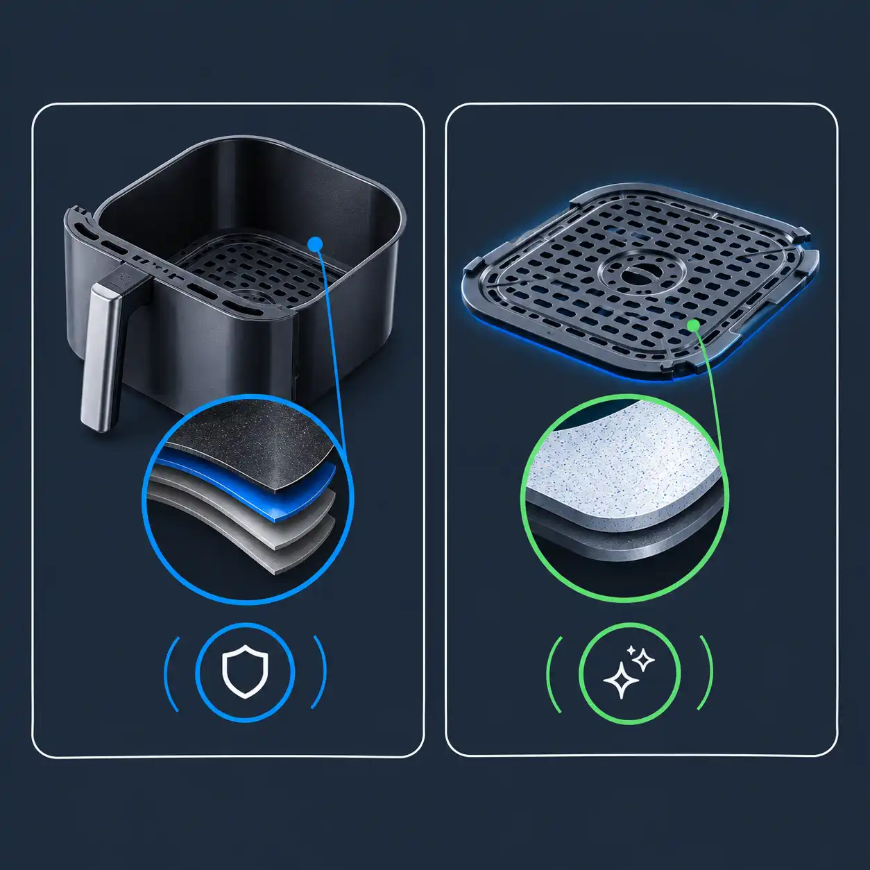 Infographic comparing PTFE baskets and ceramic crisper plates in a Ninja Foodi double air fryer
