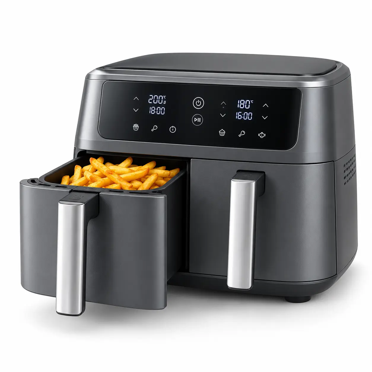 Ninja Foodi DZ201 double air fryer with two 4-quart drawers and one drawer open