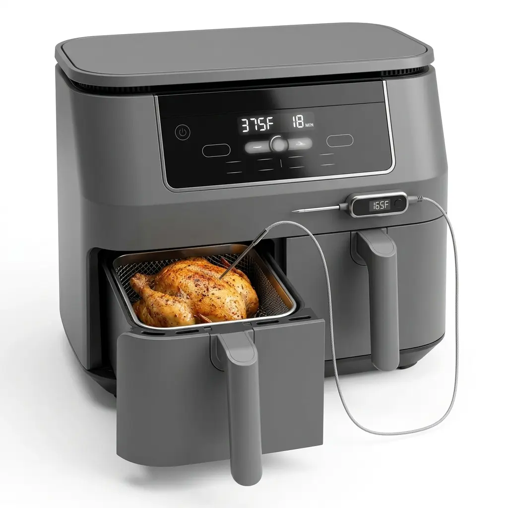 Ninja Foodi DZ550 double air fryer with a smart thermometer probe plugged into the front panel